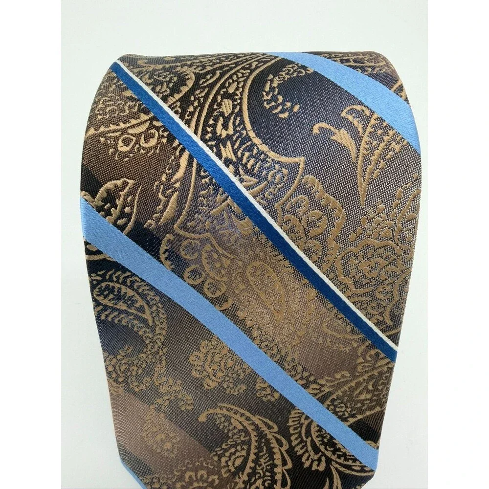 Van Heusen Mens Silk Tie Gold Blue Paisley Striped Classic Necktie